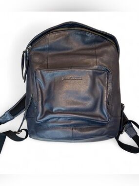James Campbell Black Leather Backpack with Front Zip Pocket